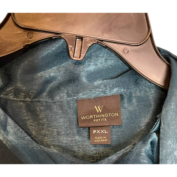 Worthington Satin Texas Teal Draped Textured Blouse Hi Neck Bow‎ Women PXXL NWT - Picture 7 of 8